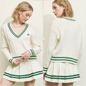 PRINCE New Pickleball VNeck Cable Knit Ivory Green Pullover Sweater SZ XL Preppy